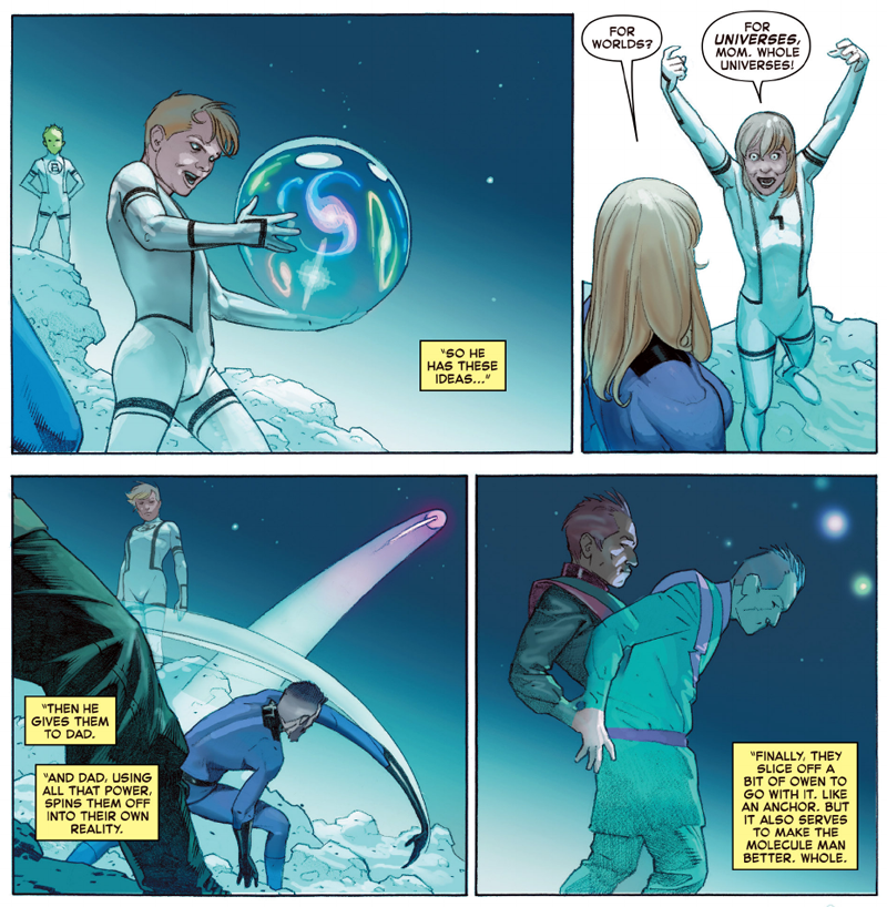Franklin, Valeria, Sue, and Reed reveal their plan to restore the multiverse in Secret Wars #9.